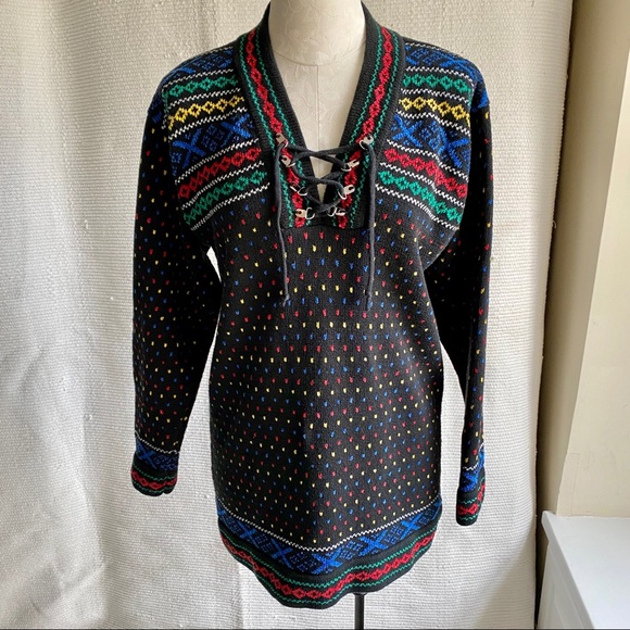 Vintage Sweaters - Vintage 80s OS Funky Ski Sweater Tunic Bold Colors
